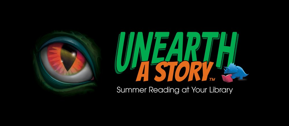 Unearth a Story text with Dinosaur eye and blue triceratops reading a book