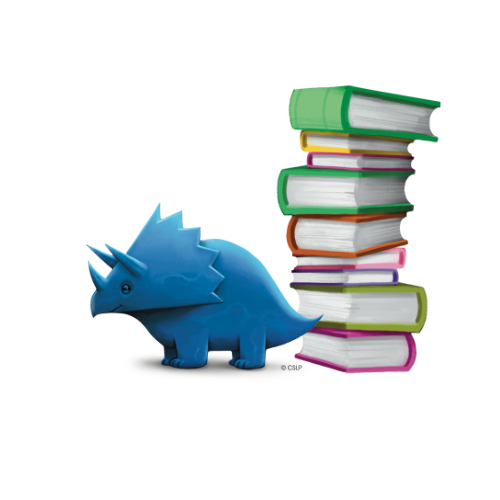 Blue triceratops standing in front of a stack of books