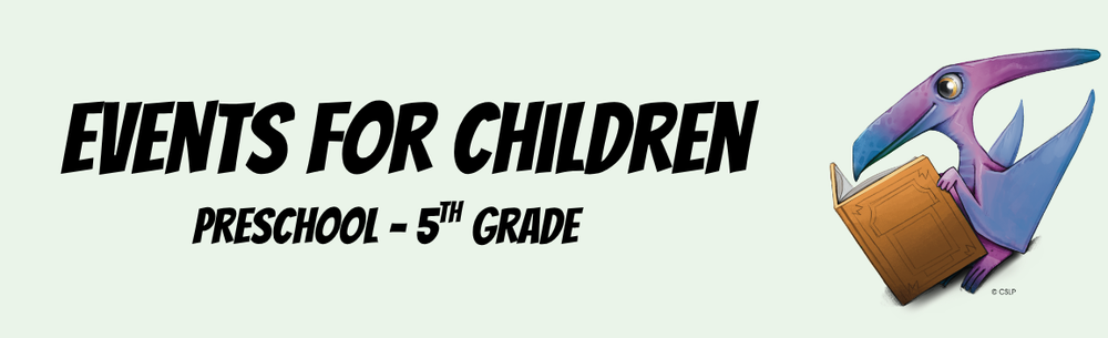 Events for Children Link with purple pterodactyl dinosaur reading a book