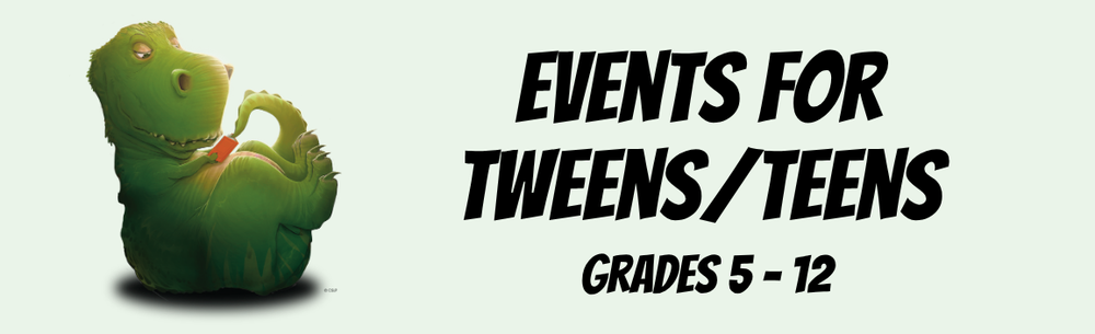 Events for Tweens and Teens Link with Green T-rex dinosaur reading a book